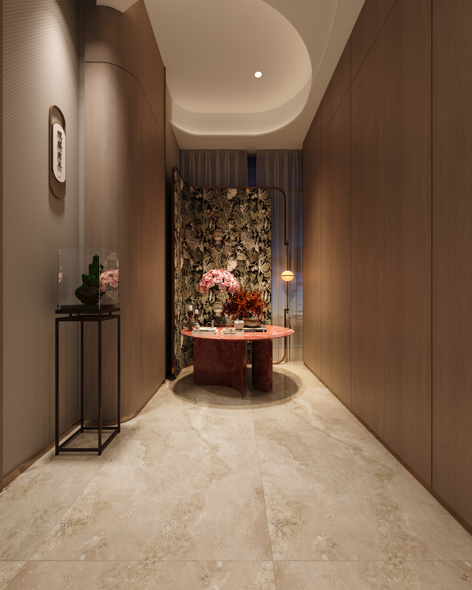 Elegant entry vignette render with red marble round table, florals and botanical feature wall