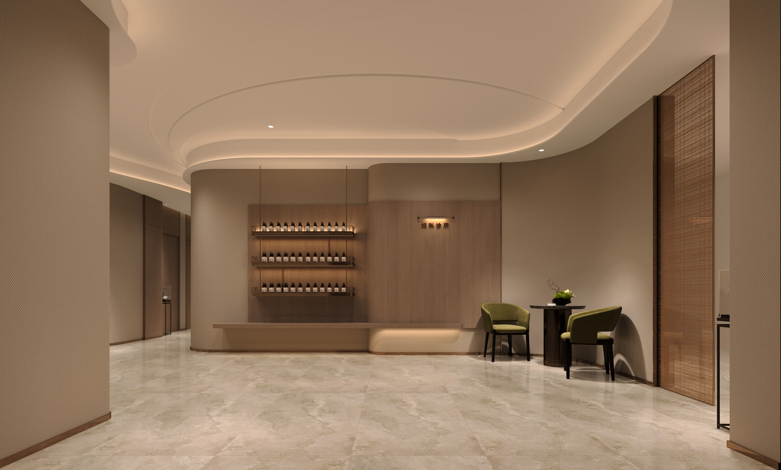 Warm minimalist spa lounge render with backlit product display wall and soft seating