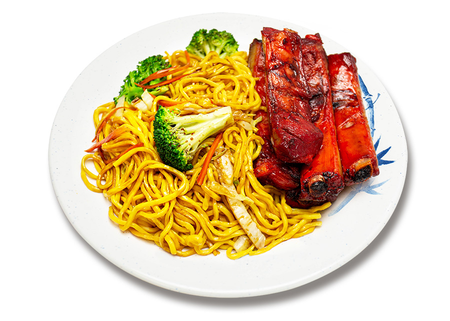 BBQ spare ribs with lo mein combo plate, studio shot