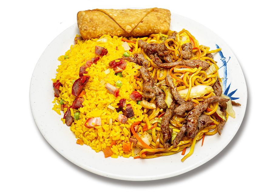 Beef lo mein combo with fried rice and an egg roll, studio shot