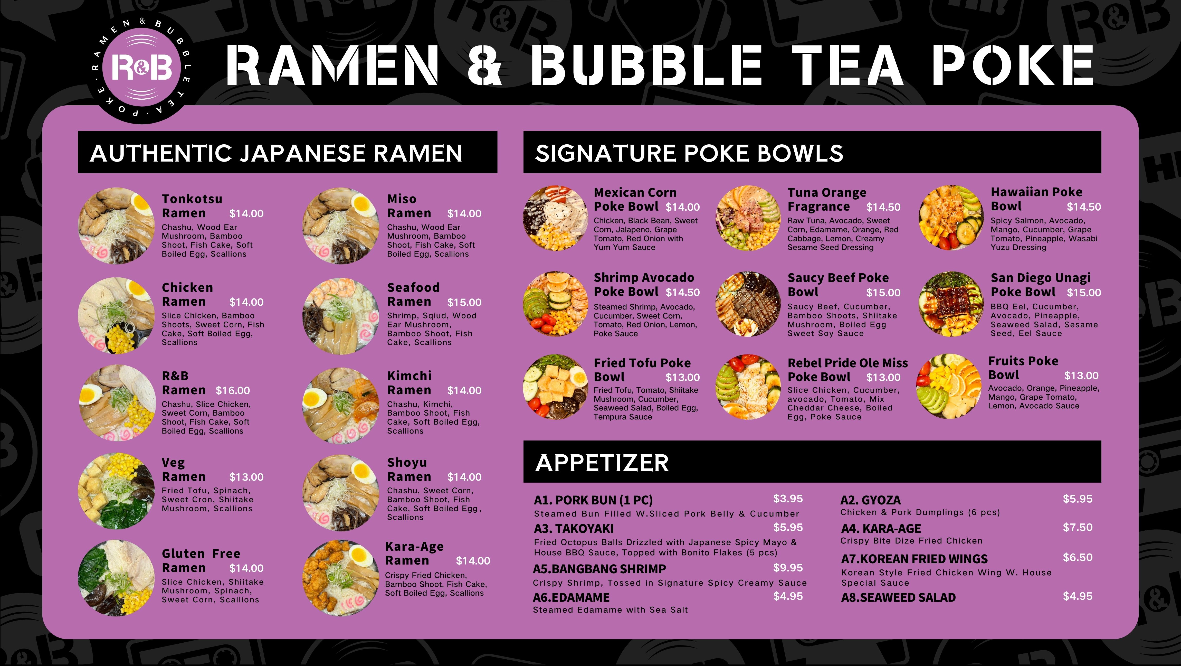 R&B Ramen & Bubble Tea poke menu with signature poke bowls