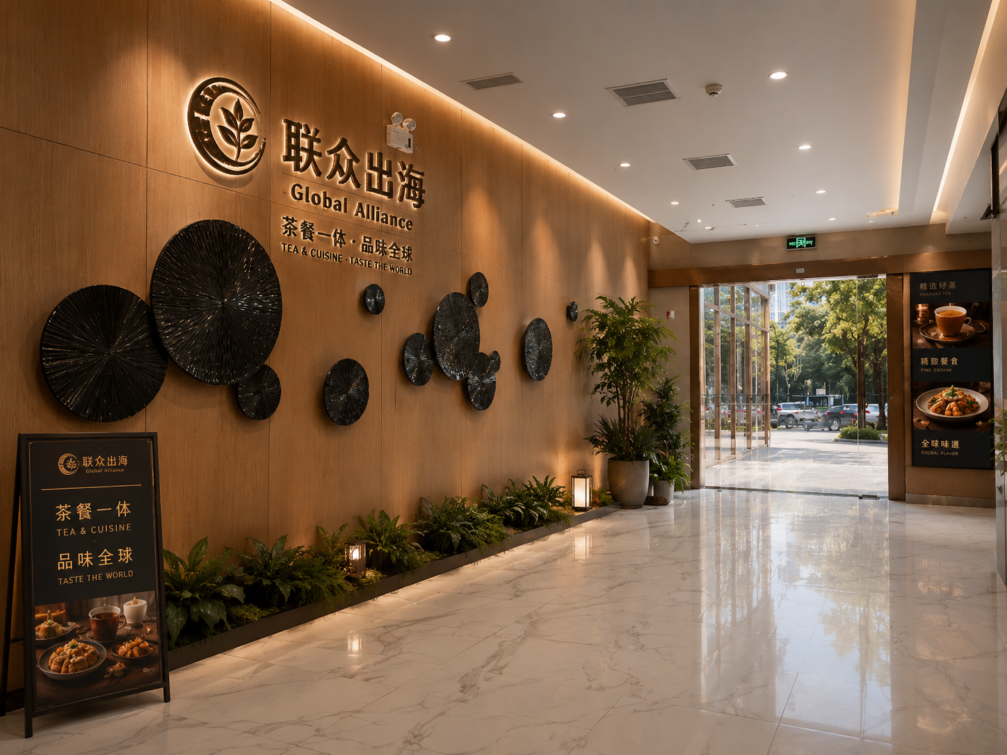 Polished tea-and-cuisine venue lobby with branded feature wall