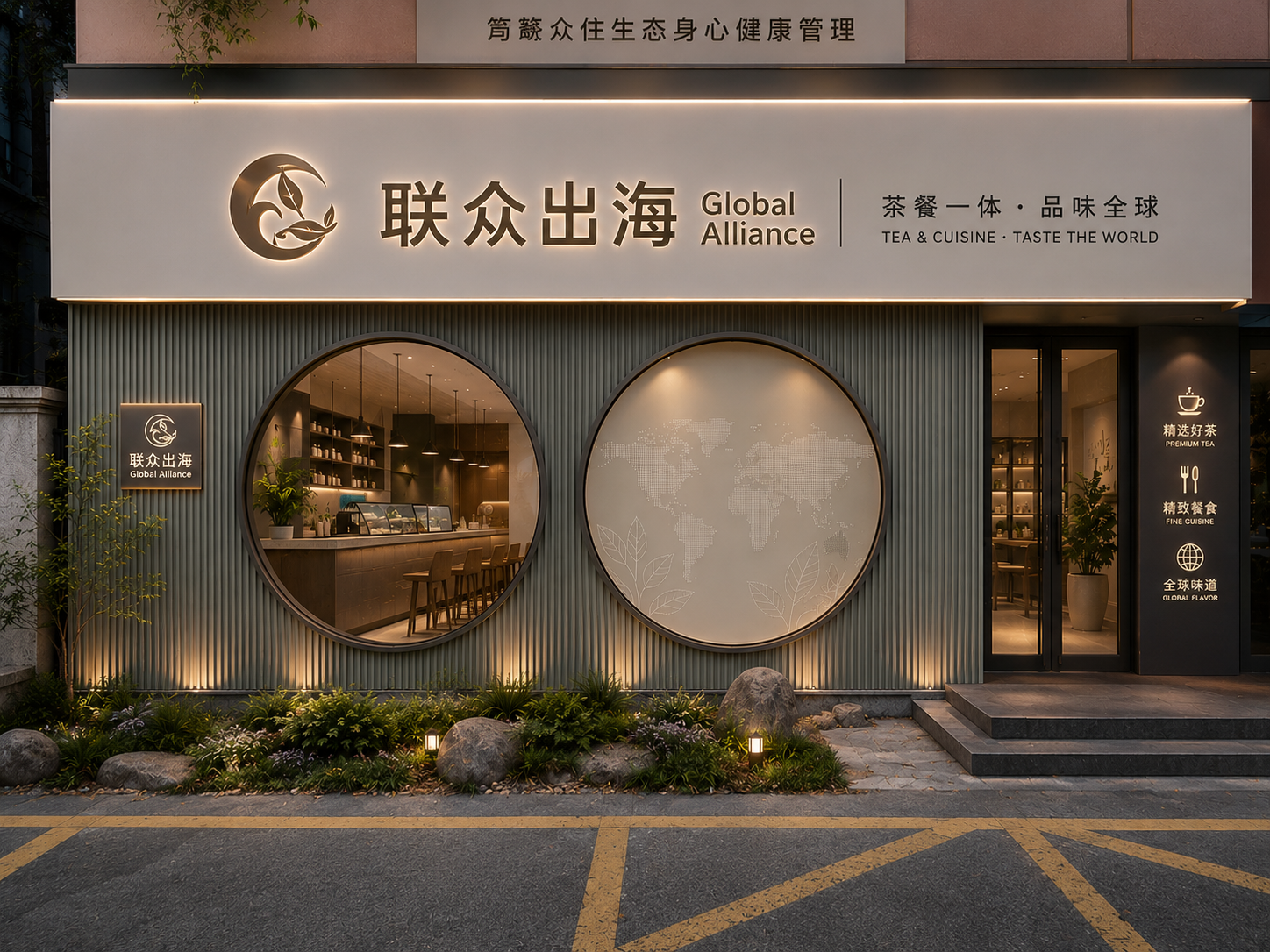 'Tea & Cuisine' brand storefront with circular display windows