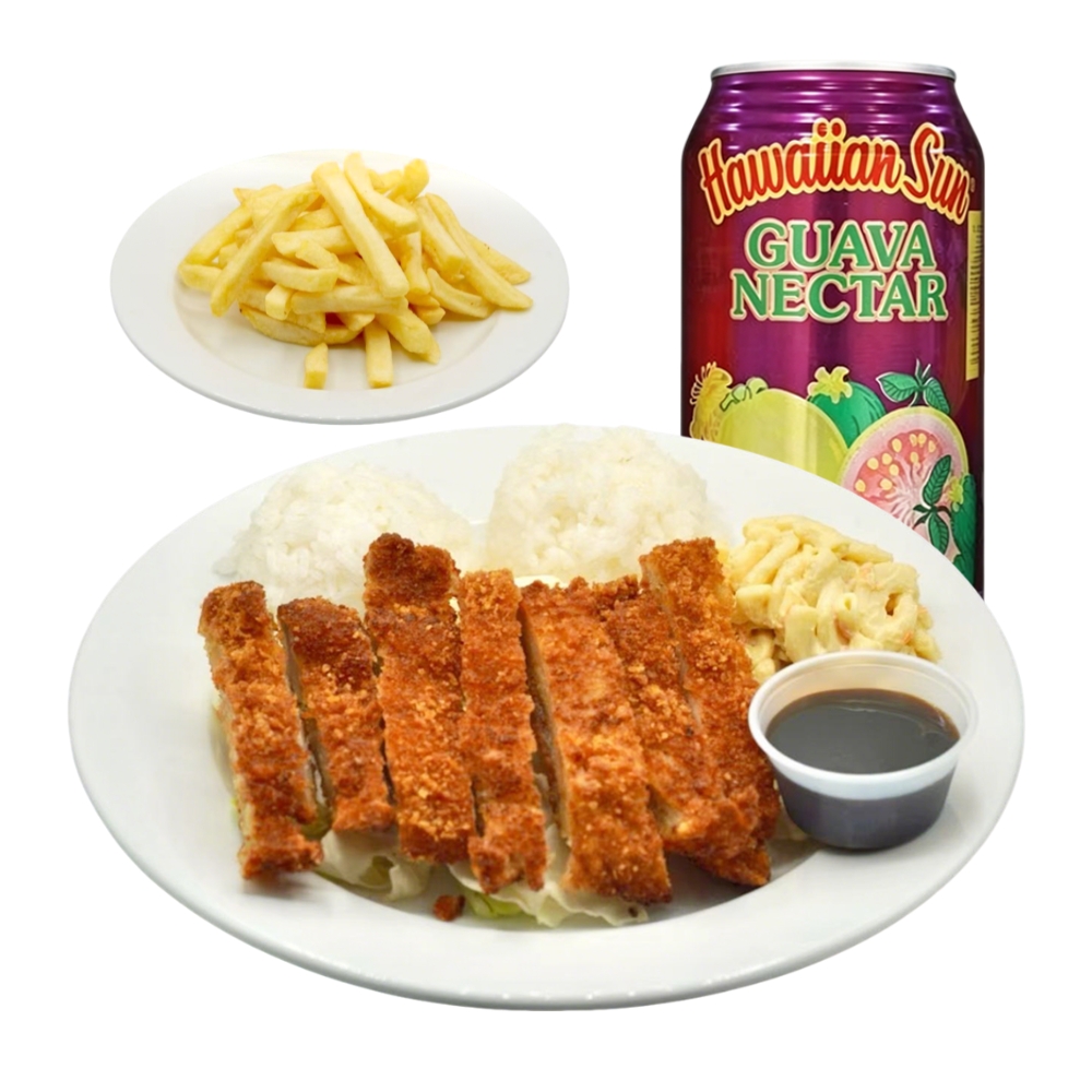 Chicken katsu combo with fries, rice and guava nectar