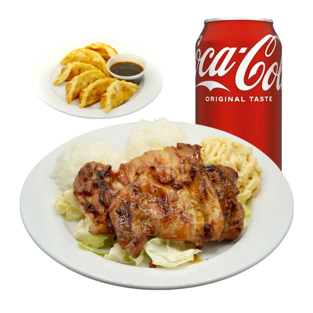 Grilled chicken plate combo with gyoza and a soda
