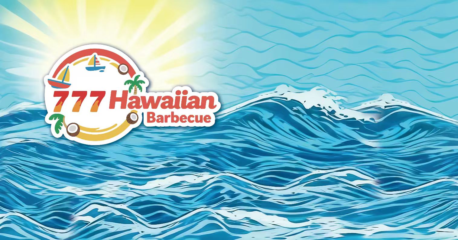 777 Hawaiian Barbecue branded hero banner over a stylized ocean wave
