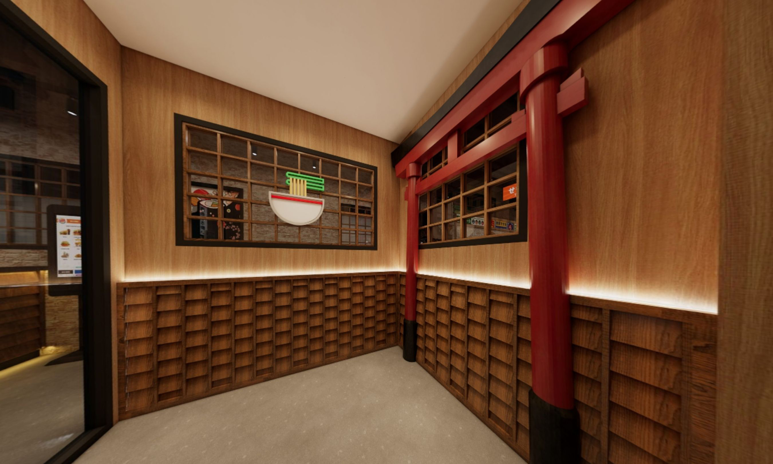 KAZE ramen interior design render with red torii columns, wood lattice walls and a neon ramen-bowl sign